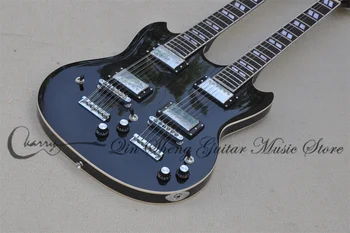 Çift Boyun Siyah Elektrik Guitar1275 Gitar Beyaz Bağlama HH Manyetikler Özel Tailpiece 22 Frets Gülağacı klavye Krom Tun