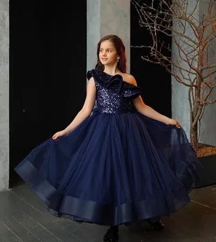 Sequins Bir Omuz Çiçek Kız Elbise Ayak Bileği Uzunluğu Doğum Günü Genç Modeli Communion Podyum Piyano Performansı Özelleştirmek