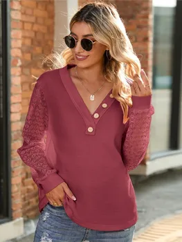 Uzun Kollu T Shirt Kadınlar İçin Sonbahar 2023 Yeni Moda V Yaka Streetwear Gevşek Üstleri Kadın Rahat Büyük Boy Örme Tee Gömlek