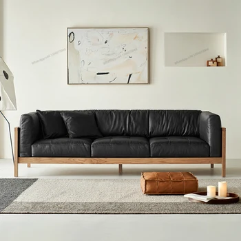 İtalyan minimalist siyah deri pamuk şeker kanepe oturma odası retro üç kişilik modern