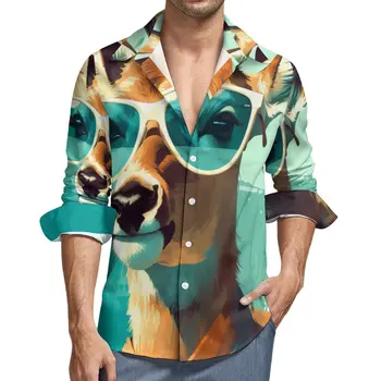 Geyik Rahat Gömlek Erkekler Grafik Çizim Güneşli Plaj Güneş Gözlüğü Gömlek Uzun Kollu Retro Şık Bluzlar Bahar Özel Giysi