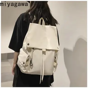 Miyagawa Schoolbag Kadın Ortaokul Öğrenci İpli Sırt Çantaları Uinsex INS Basit Düz Renk Tiki Tarzı Sırt Çantası