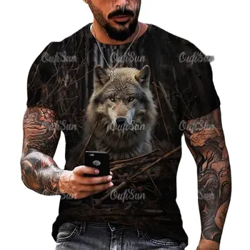 Orman Hayvanları erkek t-shirtü 3D Kurt Baskı Kısa Kollu Tee Yaz Açık Avcı T Shirt Büyük Boy Üst Tee Gömlek Erkek Giyim