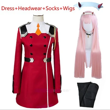 02 Sıfır İki Cosplay Kostüm SEVGİLİM FRANXX içinde Cosplay 02 Elbise Üniforma Takım Elbise Şapkalar Peruk Kadın Cadılar Bayramı Kostüm