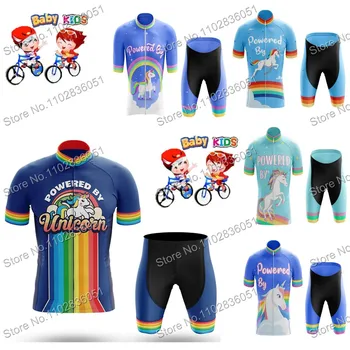 2023 Çocuklar Komik Unicorn Karikatür Bisiklet Jersey Seti Yaz Erkek Kız Bisiklet Giyim Çocuk Yol Bisikleti Üstleri Bisiklet Takım Elbise MTB