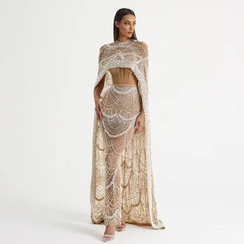 Sharon Dedi Lüks İnciler Dubai Pembe Gece Elbisesi Pelerin ile 2023 Yeni Arapça Zarif Kadın Şampanya Mermaid düğün elbisesi SS369