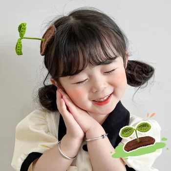 Yün Yeşil fasulye filizi Saç Klipleri Komik Dekoratif Saç Klipleri Çocuk Kawaii saç tokası El Yapımı Örgü Kızlar Saç Süslemeleri