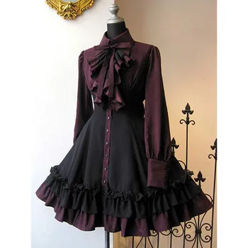 2023 Sonbahar Zarif Lolita Siyah Gotik Kadın Lolita Elbiseler Büyük Boy Yay Yaka Pilili Lace Up Goth Vintage Şık Jurken Elbise