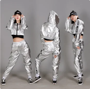Hip Hop Caz Dans Kıyafeti Gümüş / Altın / Siyah Hoodies Pantolon Gece Kulübü Bar Dansçı Takım Elbise Yetişkin Sokak dans kostümü