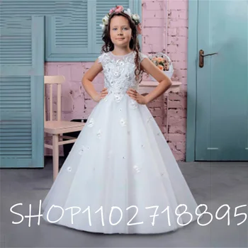 Kabarık Tül Scoop Çiçek Nakış Çiçek Kız Elbise Çocuklar Dantel Aplike Kız Communion Elbise Kız Düğün Parti Elbise 2020