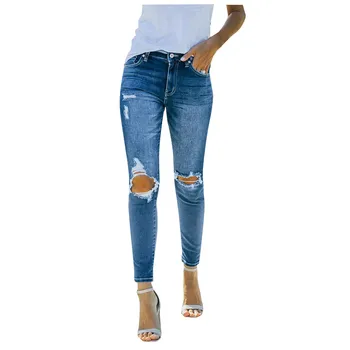 Kadın Orta Belli Tahrip Skinny Jeans Elastik Sıkı Zayıflama kot pantolon Şalvar Kot kadın pantolonları Kot Kadınlar İçin Y2k