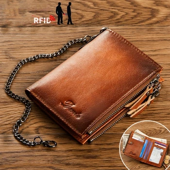 Vintage erkek Cüzdan Zinciri ile RFID Anti-hırsızlık Kısa Engelleme Cüzdan Dayanıklı Fermuarlı Çanta kart tutucu Rahat İş Cüzdan