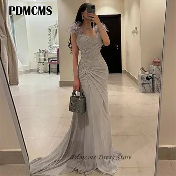 PDMCMS Şifon V Boyun Mermaid Akşam Parti Elbiseler Spagetti Sapanlar Tüy Pleats Balo Abiye Seksi Kokteyl Elbise Kadınlar İçin
