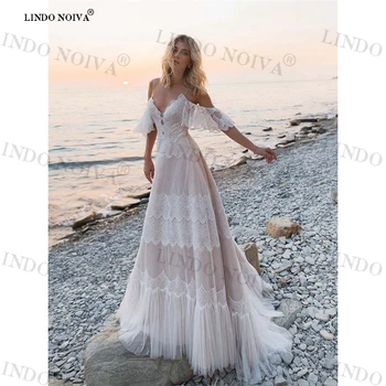 LİNDO NOİVA Vestidos de Novia 2023 Çıplak Şampanya Kapalı Omuz Spagetti Sapanlar Bohemian Plaj düğün elbisesi Backless Gelin Kıyafeti