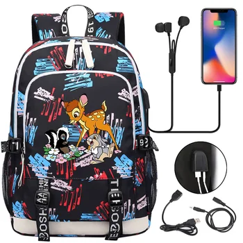 Disney Bambi okul sırt çantası Genç USB Şarj Dizüstü Rahat Sırt Çantası Karikatür Erkek Kız Öğrenci Kitap Çantası Mochila Seyahat Çantası