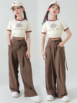 Çocuk Caz Kostüm Kızlar Modern Dans Elbise Kırpma Üstleri Kahverengi Pantolon Yaz rahat Giyim Hip Hop Dans Kıyafetleri Kpop BL10811