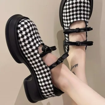 Kadın ayakkabısı 2023 İlkbahar ve Sonbahar Yeni Vintage Kontrol Anti deri ayakkabı Kalın Taban Yay Orta Topuk Ayakkabı Zapatos De Mujer