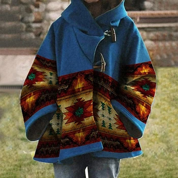 Etnik Vintage Geometri Baskı Patchwork Palto Kadın Şal Sıcak Yün Ceket Ceket Sonbahar Kış Uzun Kollu Cep Üst Hırka