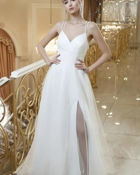 Çarpıcı düğün elbisesi Spagetti Kayışı A-line Yan Yarık Kat Uzunluk Geri Kolsuz gelinlikler Özelleştirmek Ölçüleri Robe De