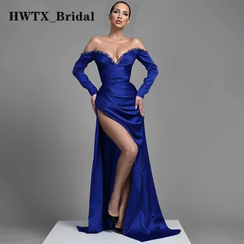 Kraliyet Mavi Seksi Mermaid Örgün balo kıyafetleri Boncuk Kapalı Omuz Yarık Akşam Elbise Uzun Kollu Kadın Parti Törenlerinde Düğün İçin
