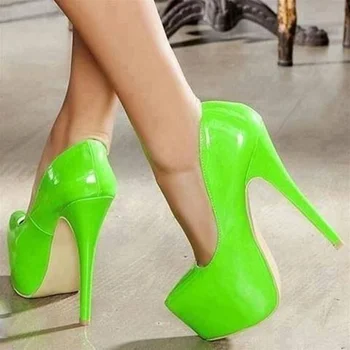 Seksi 16 CM Patent Deri Yüksek Platformu Pompaları Yuvarlak Ayak Yeşil Sarı Stiletto Topuklu Elbise Ayakkabı Slip-on Parti Elbise Ayakkabı