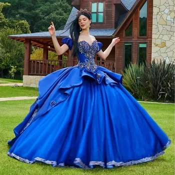 ANGELSBRIDEP Parlak Kraliyet Mavi Quinceanera Elbiseler Saten Aplikler Katmanlı Prenses Doğum Günü Dans Partisi Vestido De 15 Años