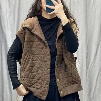 Kapşonlu Elmas Ekose Kadın Sıcak Pamuk Yelek Vintage Moda Sadelik Casual Kalınlaşmak Ceket Kış Bayan Kolsuz Kısa Ceket