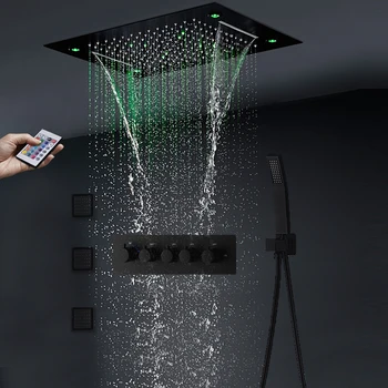 termostatik Siyah duş bataryası seti gömme yağmur şelale masajlı duş kafa yüksek akış vücut jetleri sprey banyo ürünleri