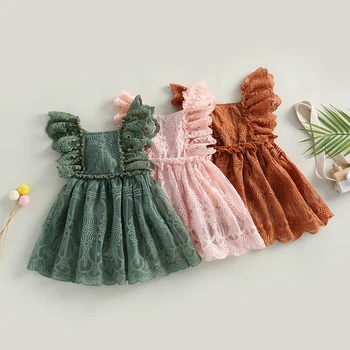 2023-05-07 Lioraitiin 0 - 24M Bebek Bebek Kız Yaz Dantel Elbise Bodysuit Fırfır Kollu Backless Düz Renk Bebek Romper Elbise