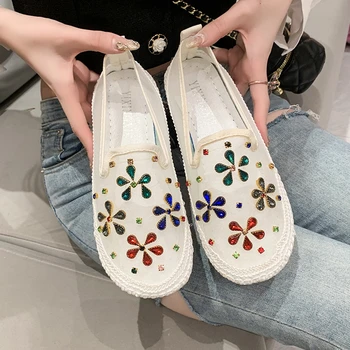 2023 Dantel Örgü Kristal Çiçek loafer ayakkabılar Kadın Konfor Nefes Yaz yürüyüş ayakkabısı Kadın Moda Slip-on Bale Daireler