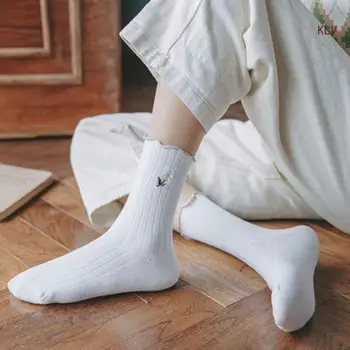 Kadın Kız Çiçek Nakış Ayak Bileği Çorap Şeker Renk Manşetleri Nervürlü Dikey Çizgili Rahat Tüp Çorap