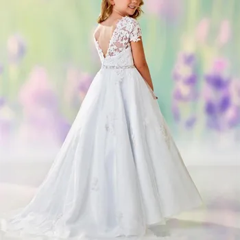 Beyaz A-line Aplikler Dantel Cap Sleeve Çiçek Kız Elbise Boncuklu Bel Fit Düğün Parti İlk Communion elbise