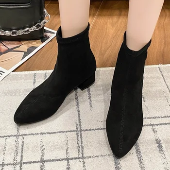 Kadın Ayakkabı 2023 Kış Yeni Çorap Çizmeler Kadın Lüks Kalın Topuk Örgü Streç Kumaş Çizmeler Kadın Artı Boyutu 42 Zapatos Mujer