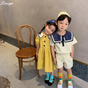 Lenoyn Çocuk Giysileri Yaz Kore Kolej Tarzı erkek Takım Elbise Pamuk ve Keten Yaka Elbise Elbise