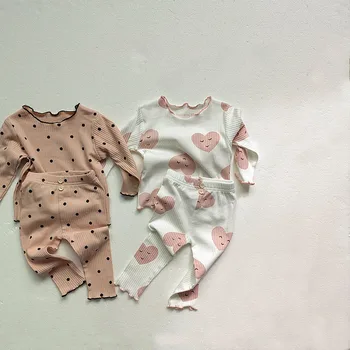 2023 Koreli Bebek Setleri İlkbahar Sonbahar Kızların Elastik Pamuklu Ev Takım Elbise Seti Bebekler İçin çocuk Nokta Üst Pantolon İki Parçalı Set