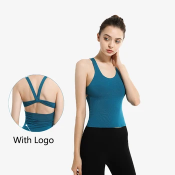 Yoga bluzu Logo İle Bayan Düz Renk Hiçbir İz Kesme Göğüs Pedi İle Spor Yelek Spor Eğitimi Dans Kolsuz Üst