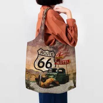 Tekmelerinizi Alın Rota 66 alışveriş çantası Kadın Omuz Tuval Tote Çanta Yıkanabilir ABD Karayolları Yol İşareti Bakkal Alışveriş Çantaları
