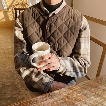 sonbahar kış kalınlaşmış pamuk yelek Ekose gevşek vintage Kore moda sıcak yelek rahat temel giyim erkek yelek