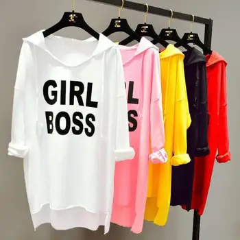 İlkbahar Sonbahar Kadın Harajuku Mektup Gömlek Uzun Kollu V Yaka Kapşonlu T-Shirt Kore Casual Tee Büyük Boy T Shirt Femme Tops
