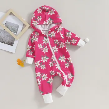 Yenidoğan Bebek Kız Romper Bahar Sonbahar Giysileri Uzun Kollu Çiçek fermuarlı kapüşonlu kıyafet Tulum Çocuklar için bebek nesneleri Giyim