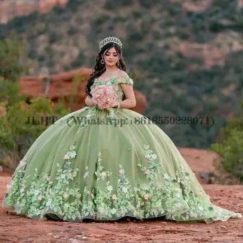 Adaçayı Yeşil 3D Çiçekler Çiçek Aplikler Dantel Quinceanera elbise Balo Kapalı Omuz Korse Vestidos De XV Anos