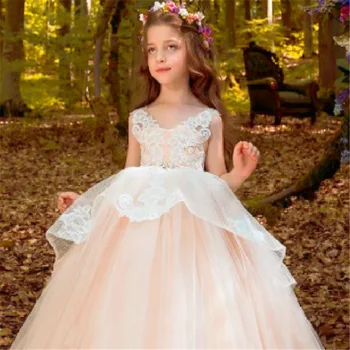 Beyaz Melek kabarık Dantel Baskı Prenses Çiçek Kız Elbise Balo Güzellik Yarışması İlk Communion Çocuklar Sürpriz Doğum Günü Hediyesi