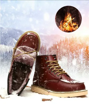 Açık Hakiki Deri Yüksek Üst Kış yarım çizmeler Erkekler Yüksek Kalite Sıcak Kürk günlük çizmeler Erkek kaymaz Yürüyüş iş ayakkabısı