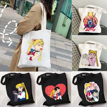Sevimli Karikatür Kız Harajuku Tuval Tote Çanta Sailormoon Anime Sanat Alışveriş Katlanabilir Sailor Moon Shopper Omuz Pamuk Çanta
