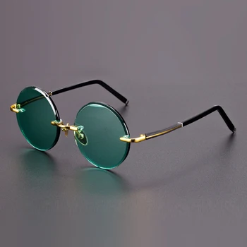 Yeşil Doğal Kristal Taş Güneş Gözlüğü Adam Moda Yuvarlak çerçevesiz cam güneş gözlüğü Kadın Mineral Lens Retro En Kaliteli