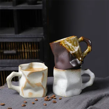 Düzensiz Şekil Seramik çay fincanları Kolu ile Retro Drinkware Süt Kahve Kupa Ev Mutfak Yaratıcı Çömlek Kupalar Kahve Fincanı Retro
