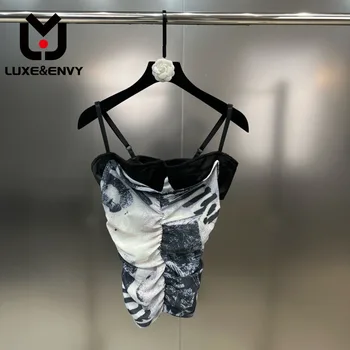 LUXE & ENVY Tankı Üstleri Pilili Patchwork Desen Kolsuz Streç İnce Backless Seksi T-shirt Yelek Kontrast Renkler