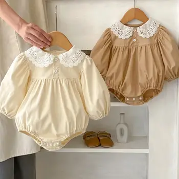 2023 Vintage Sonbahar Tulum Bebek Kız Çocuklar için Prenses Dantel Yaka Puf Kollu Bodysuits Çocuklar Kız Rahat Dış Giyim