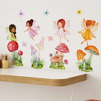 Suluboya Karikatür Fairys duvar çıkartmaları Çocuk Odası Çiçek Mantar Duvar Çıkartmaları Bebek Kız Kreş Odası yatak odası duvar dekoru PVC