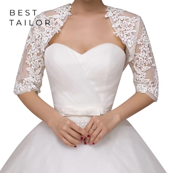 Dantel Beyaz Düğün Ceket düğün elbisesi Bolero Şal Sarar Yarım Kollu Aplike Düğün Aksesuarları Mariage femme